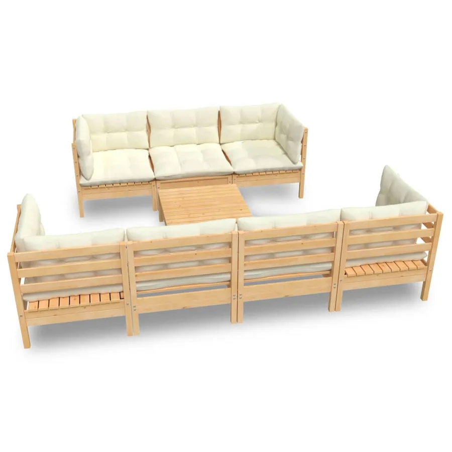 Salon de jardin 8 pcs avec coussins crème Bois de pin massif - 2