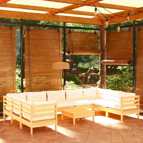Salon de jardin 10 pcs avec coussins crème Bois de pin