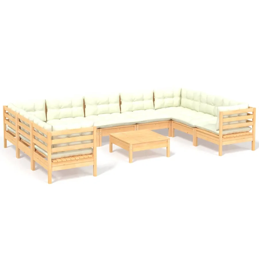 Salon de jardin 10 pcs avec coussins crème Bois de pin - 2