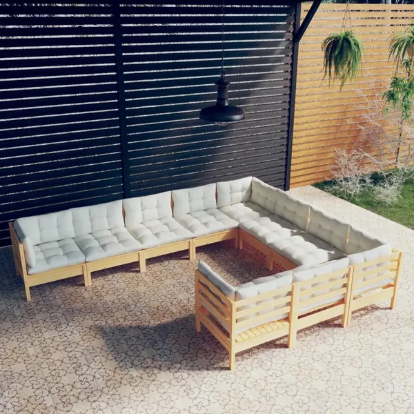 Salon de jardin 10 pcs avec coussins crème Bois de pin