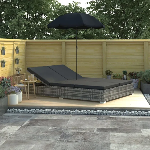 Chaise longue d'extérieur avec parasol Résine tressée Gris