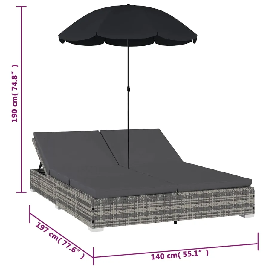 Chaise longue d'extérieur avec parasol Résine tressée Gris - 9