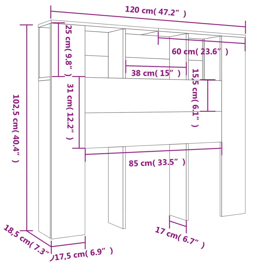 Armoire de tête de lit sonoma gris 120x18,5x102,5 cm - 6