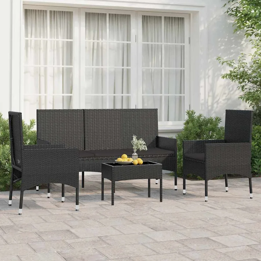 Salon de jardin 4 pcs avec coussins Noir Résine tressée