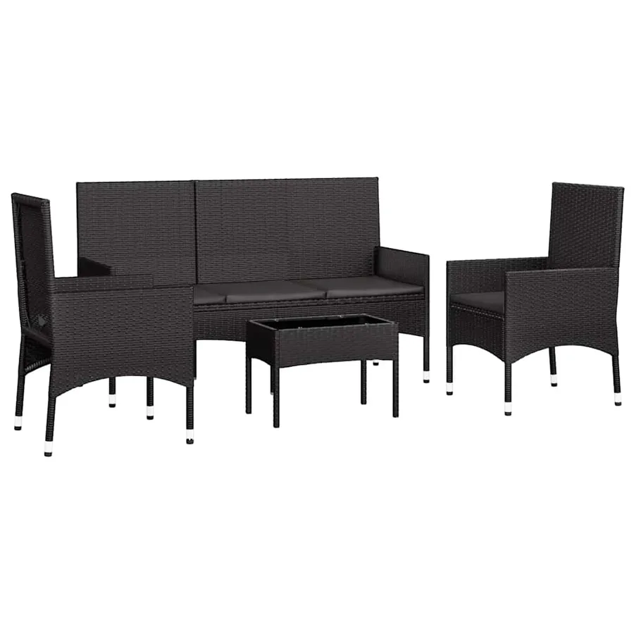 Salon de jardin 4 pcs avec coussins Noir Résine tressée - 3