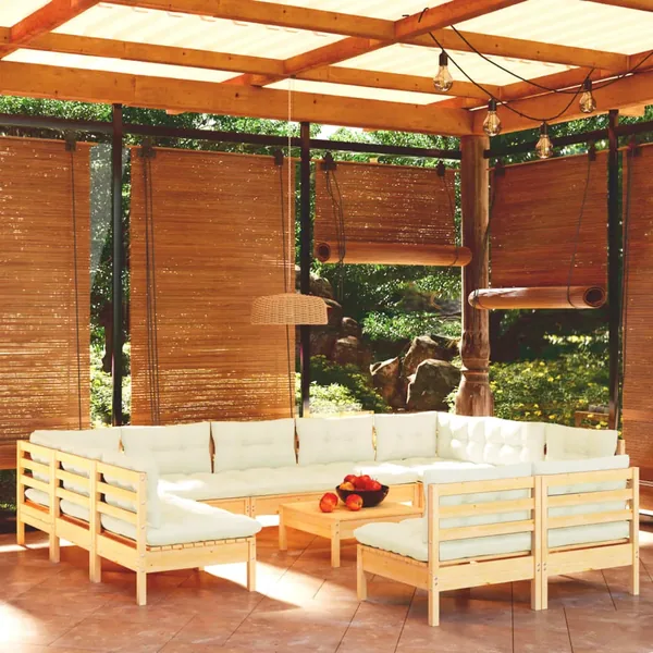 Salon de jardin 12 pcs avec coussins crème Bois de pin massif