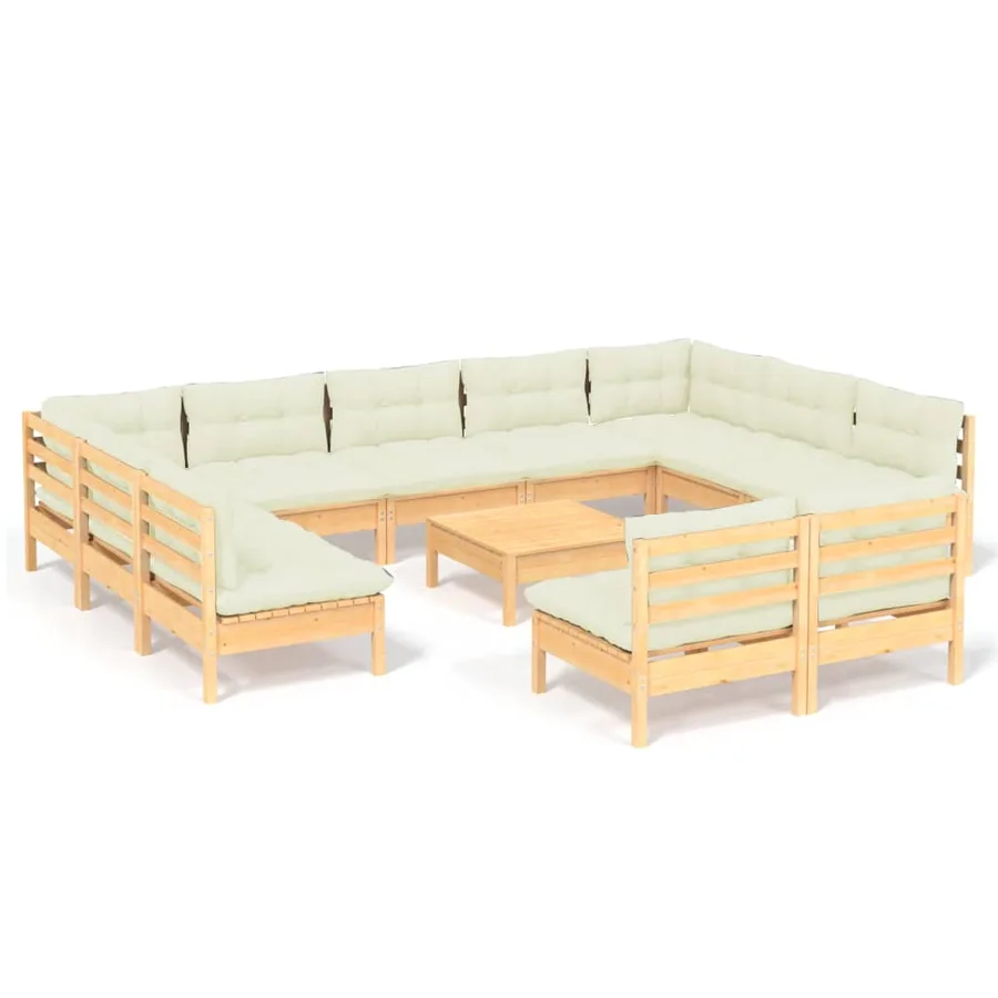 Salon de jardin 12 pcs avec coussins crème Bois de pin massif - 2