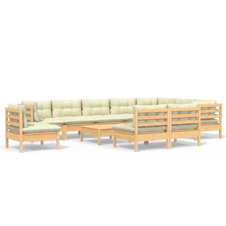 Salon de jardin 11 pcs avec coussins crème Bois de pin solide - 2