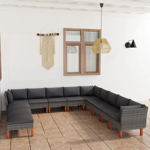 Salon de jardin 12 pcs avec coussins Résine tressée Gris