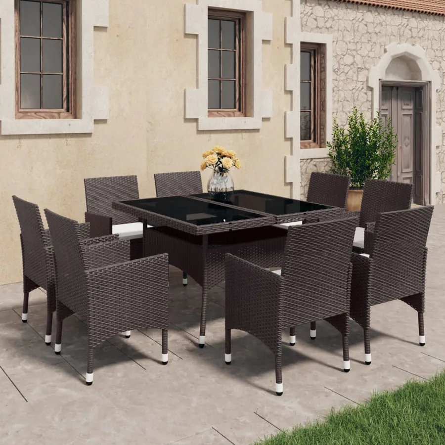 Ensemble à manger de jardin 9pcs Résine tressée et verre Marron