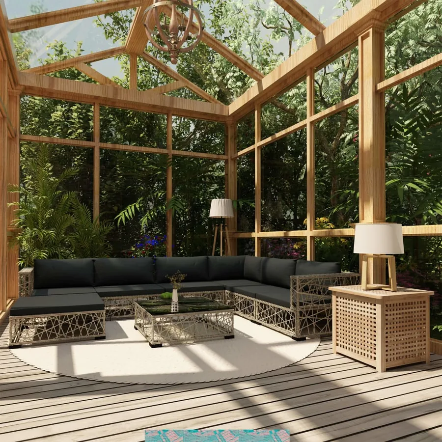 Salon de jardin 8 pcs avec coussins résine tressée gris