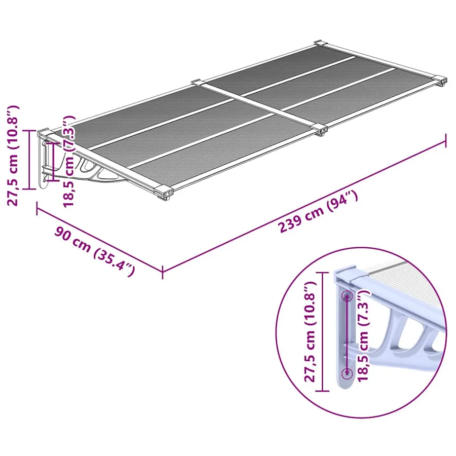 Auvent de porte Gris et transparent 239x90 cm Polycarbonate - 6
