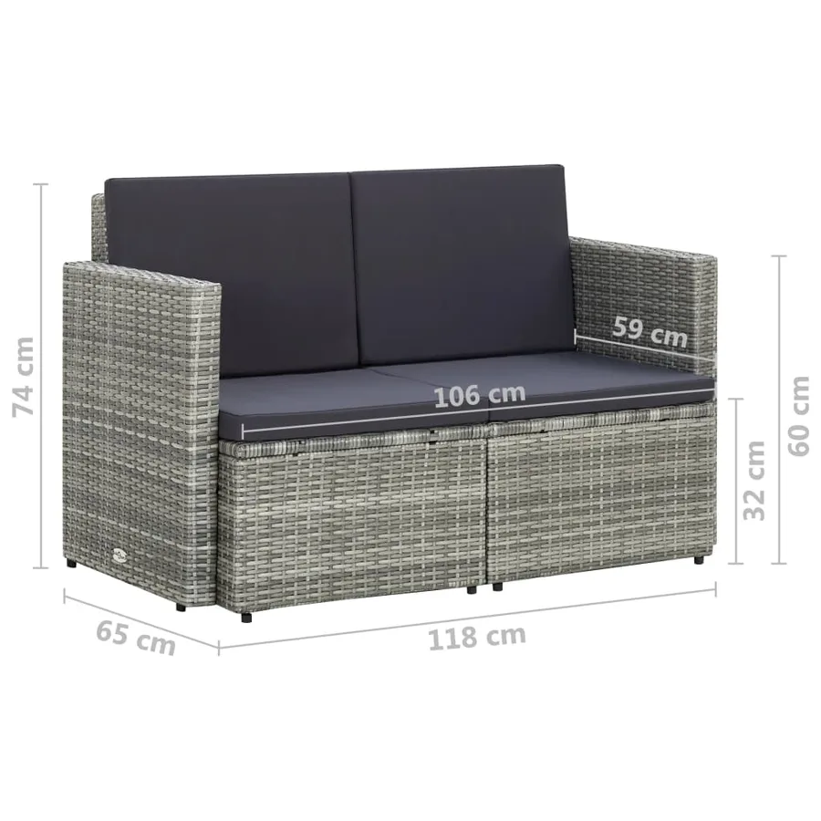 Canapé de jardin à 2 places avec coussins Gris Résine tressée - 7