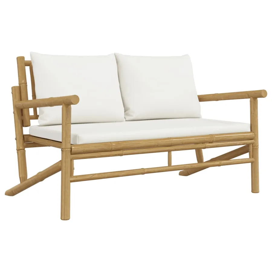 Banc de jardin avec coussins blanc crème bambou - 2