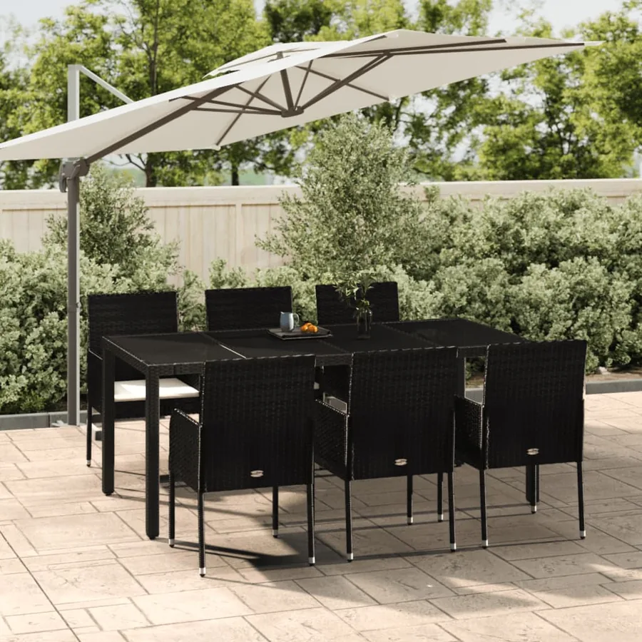 Ensemble à manger de jardin coussins 7pcs Noir Résine tressée