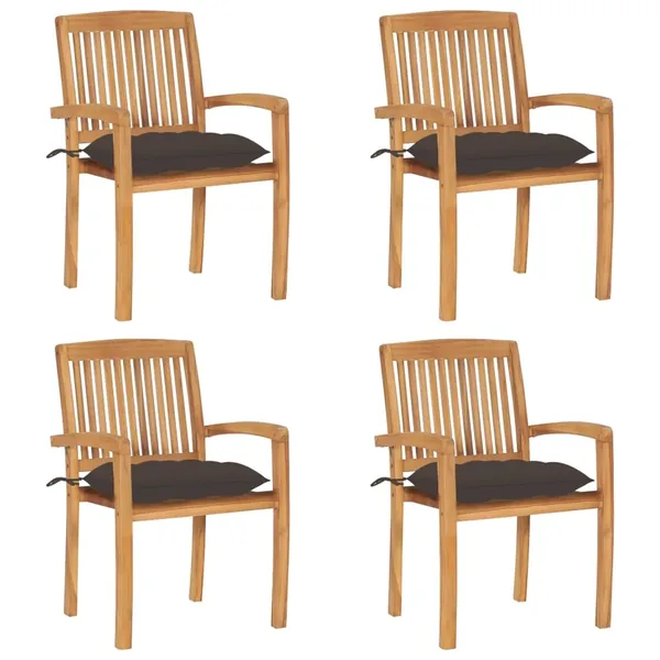 Chaises de jardin empilables avec coussins lot de 4 Teck solide
