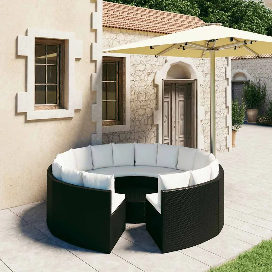 Salon de jardin 9 pcs avec coussins Résine tressée Noir