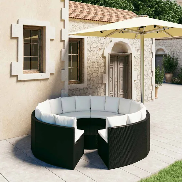 Salon de jardin 9 pcs avec coussins Résine tressée Noir