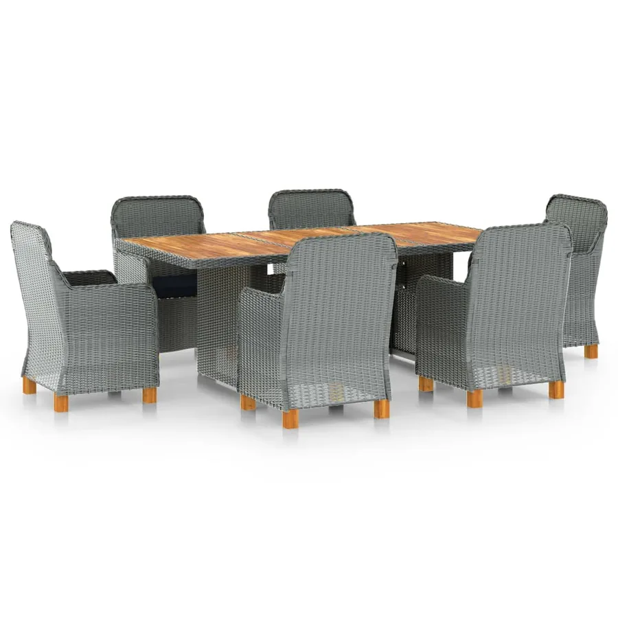Ensemble à manger d'extérieur et coussins 7 pcs résine tressée