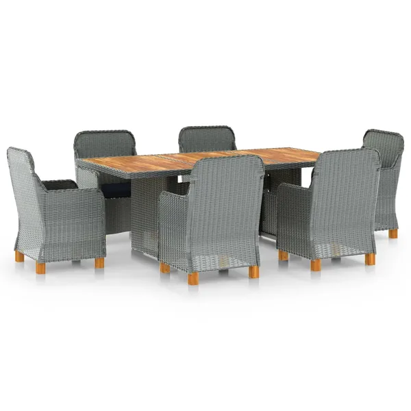 Ensemble à manger d'extérieur et coussins 7 pcs résine tressée