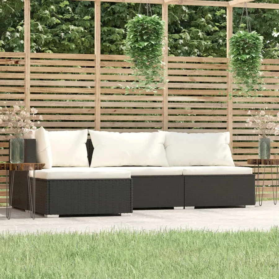 Salon de jardin 4 pcs avec coussins Noir Résine tressée