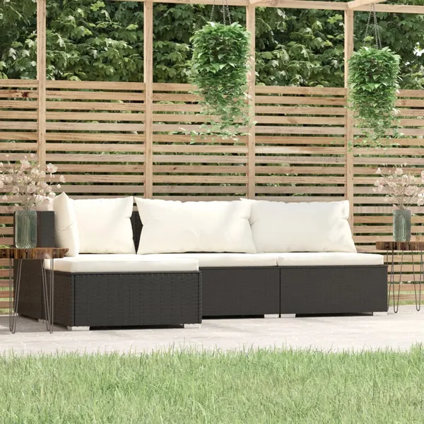 Salon de jardin 4 pcs avec coussins Noir Résine tressée