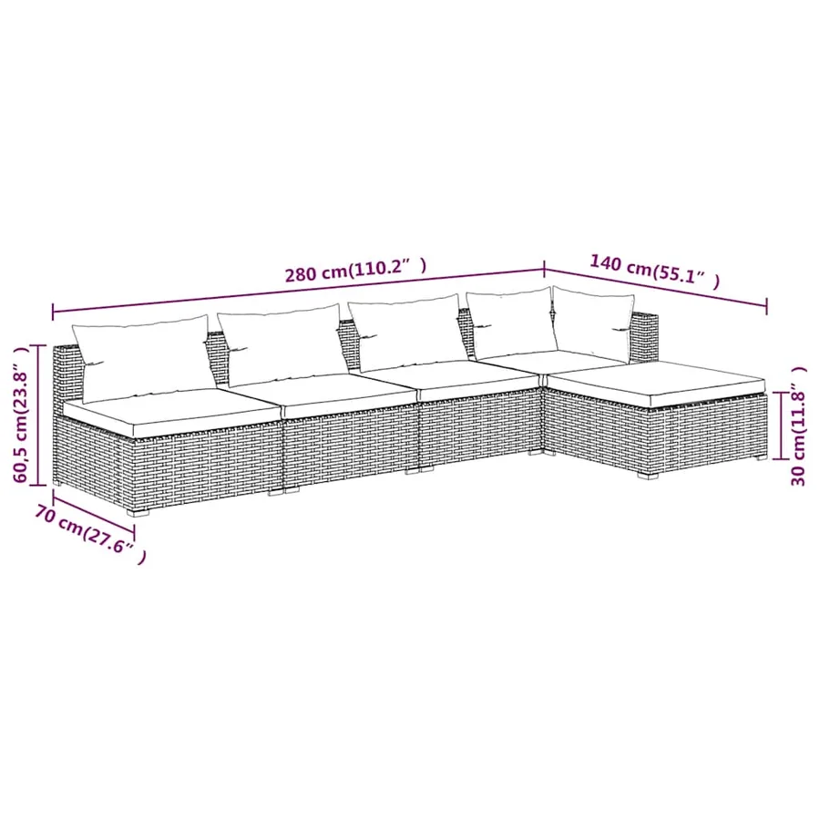 Salon de jardin 5 pcs avec coussins Résine tressée Gris - 6