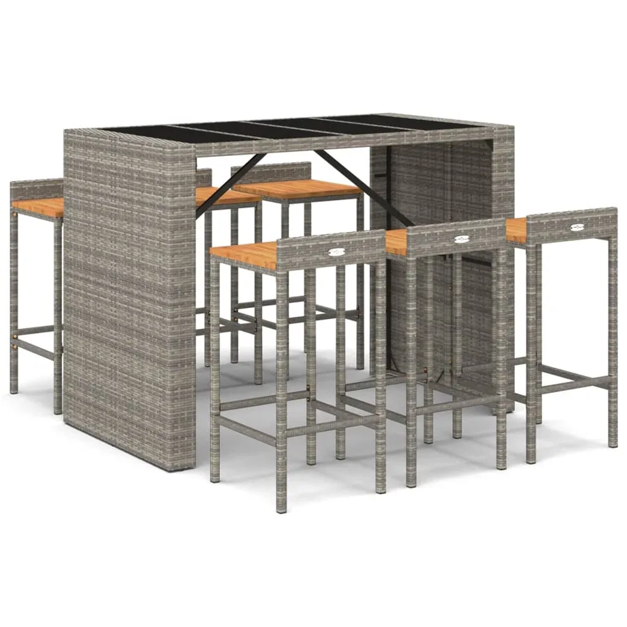 Ensemble de bar jardin 7 pcs gris poly rotin/bois massif acacia - 2