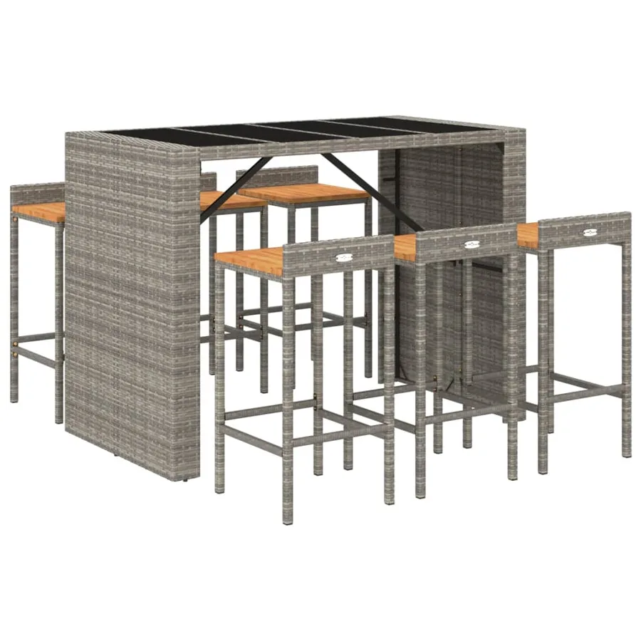 Ensemble de bar jardin 7 pcs gris poly rotin/bois massif acacia - 3