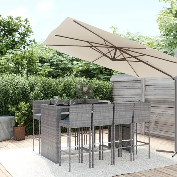 Ensemble de bar de jardin 9 pcs avec coussins gris poly rotin