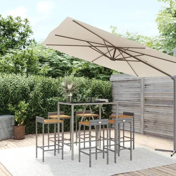 Ensemble de bar jardin 7 pcs gris poly rotin/bois massif acacia