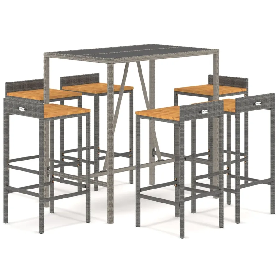 Ensemble de bar jardin 7 pcs gris poly rotin/bois massif acacia - 2