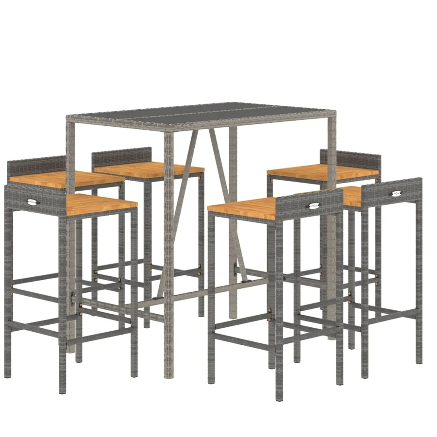 Ensemble de bar jardin 7 pcs gris poly rotin/bois massif acacia - 3