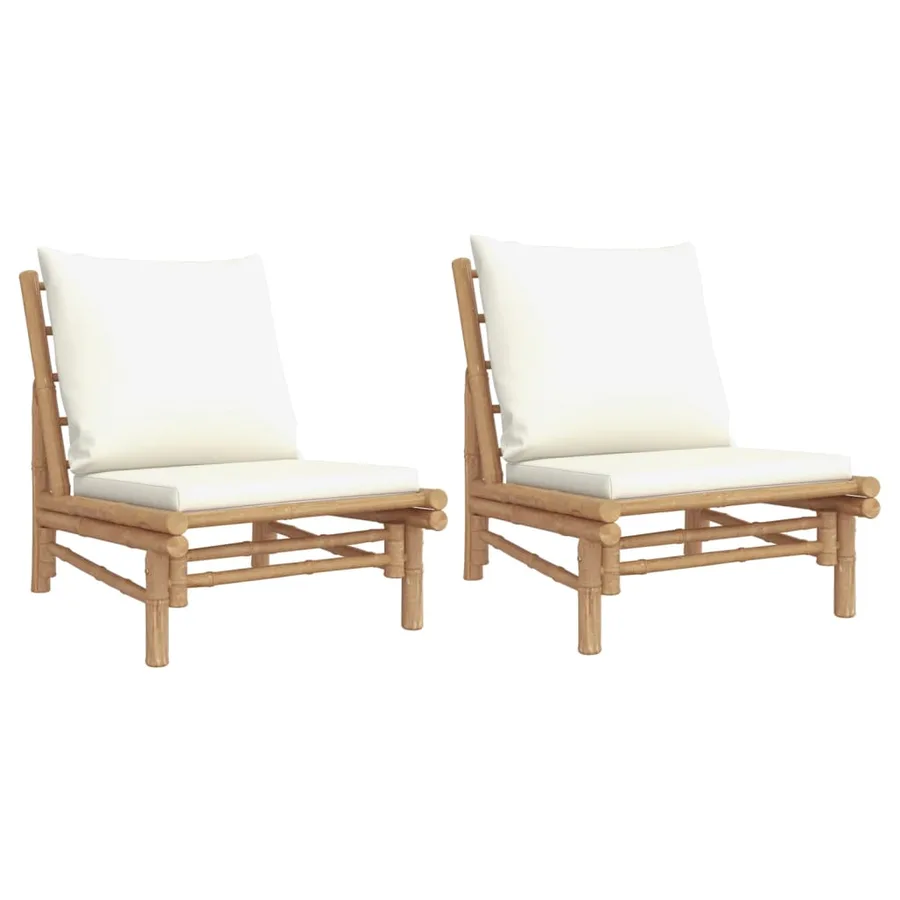 Chaises de jardin lot de 2 avec coussins blanc crème bambou - 2