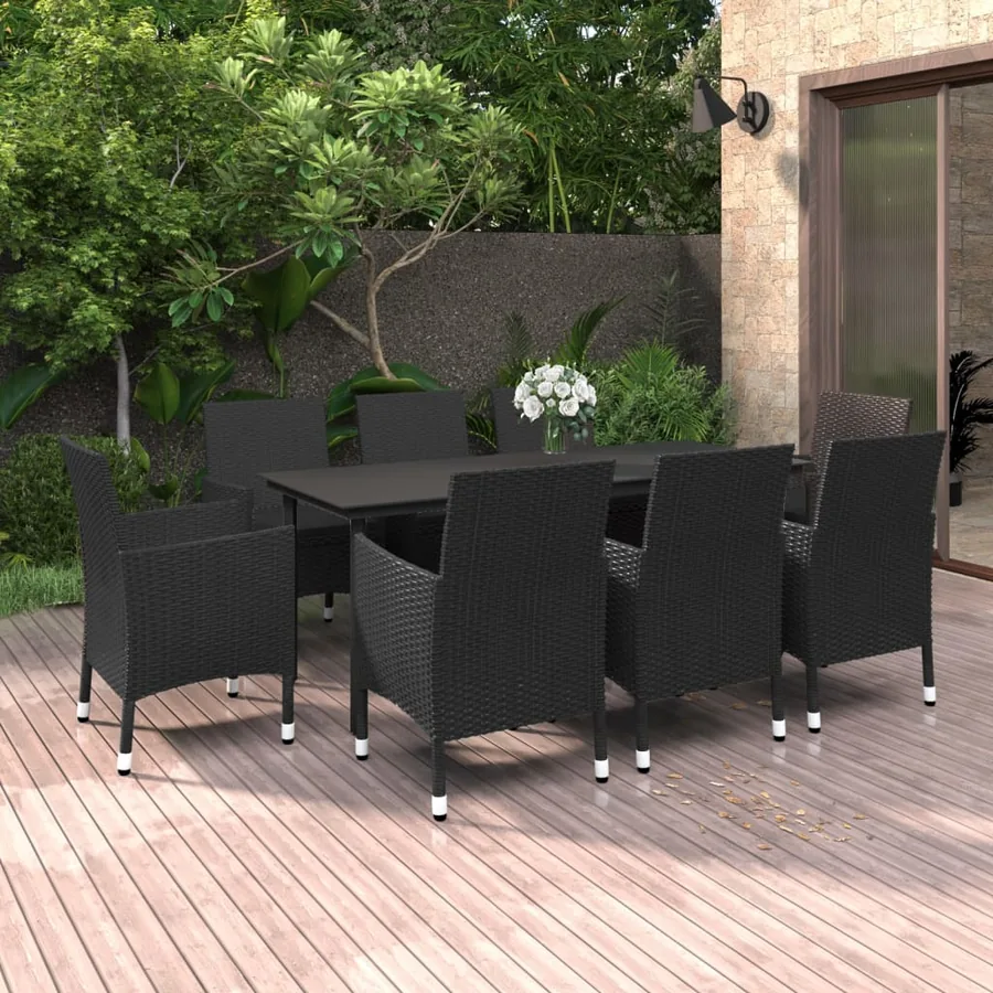 Ensemble à manger de jardin coussins 9 pcs Résine tressée Verre