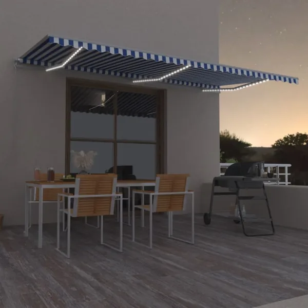 Auvent manuel rétractable avec LED 600x350 cm Bleu et blanc
