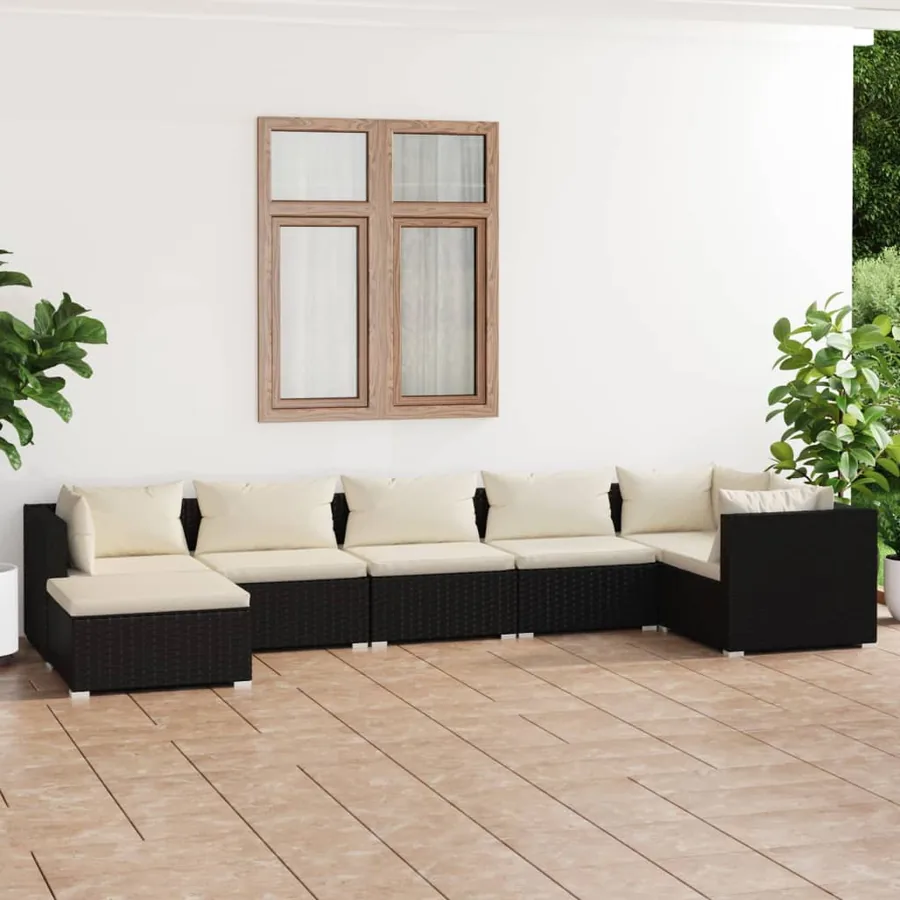 Salon de jardin 7 pcs avec coussins Résine tressée Noir