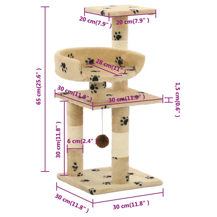 Arbre à chat et griffoirs en sisal 65 cm Beige Motif de pattes - 6