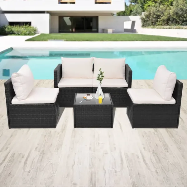 Salon de jardin 5 pcs avec coussins résine tressée noir