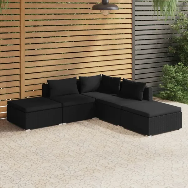 Salon de jardin 5 pcs avec coussins Résine tressée Noir