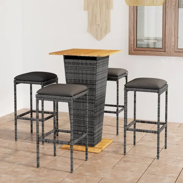 Ensemble de bar de jardin 5 pcs et coussins Résine tressée Gris