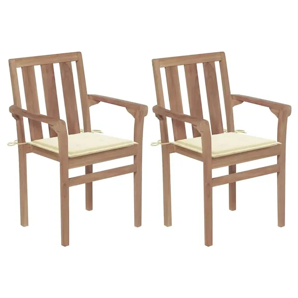 Chaises de jardin lot de 2 et coussins crème Bois teck massif