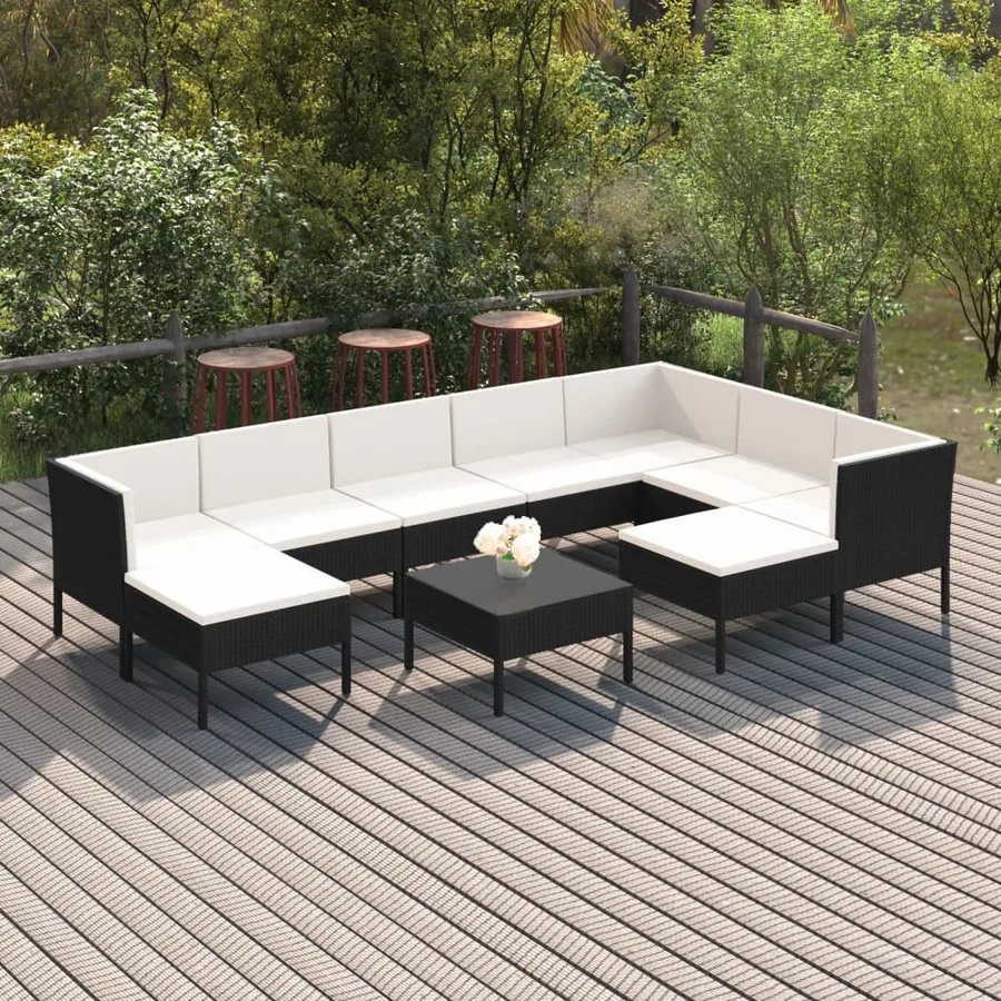 Salon de jardin 10 pcs avec coussins Résine tressée Noir