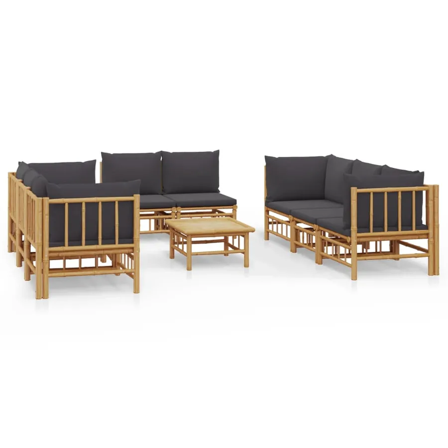 Salon de jardin 9 pcs avec coussins gris foncé bambou - 2
