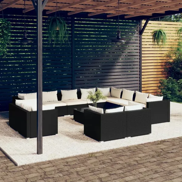 Salon de jardin 13 pcs avec coussins Noir Résine tressée