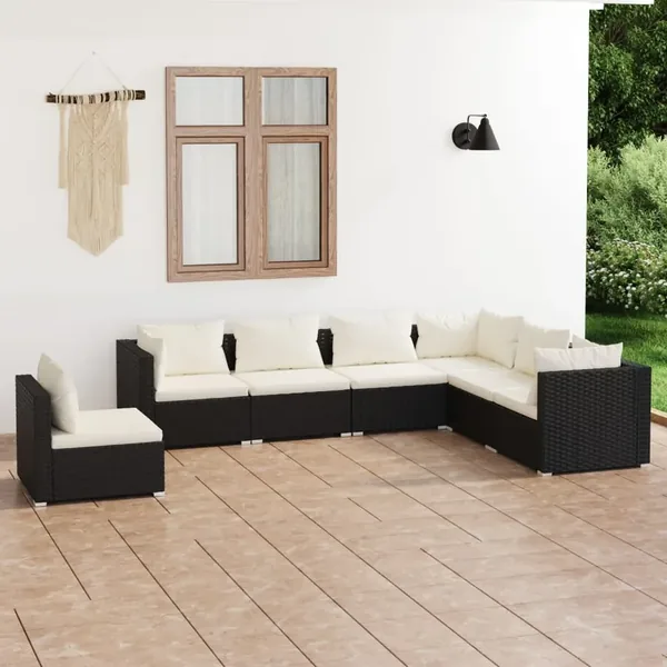 Salon de jardin 7 pcs avec coussins Résine tressée Noir
