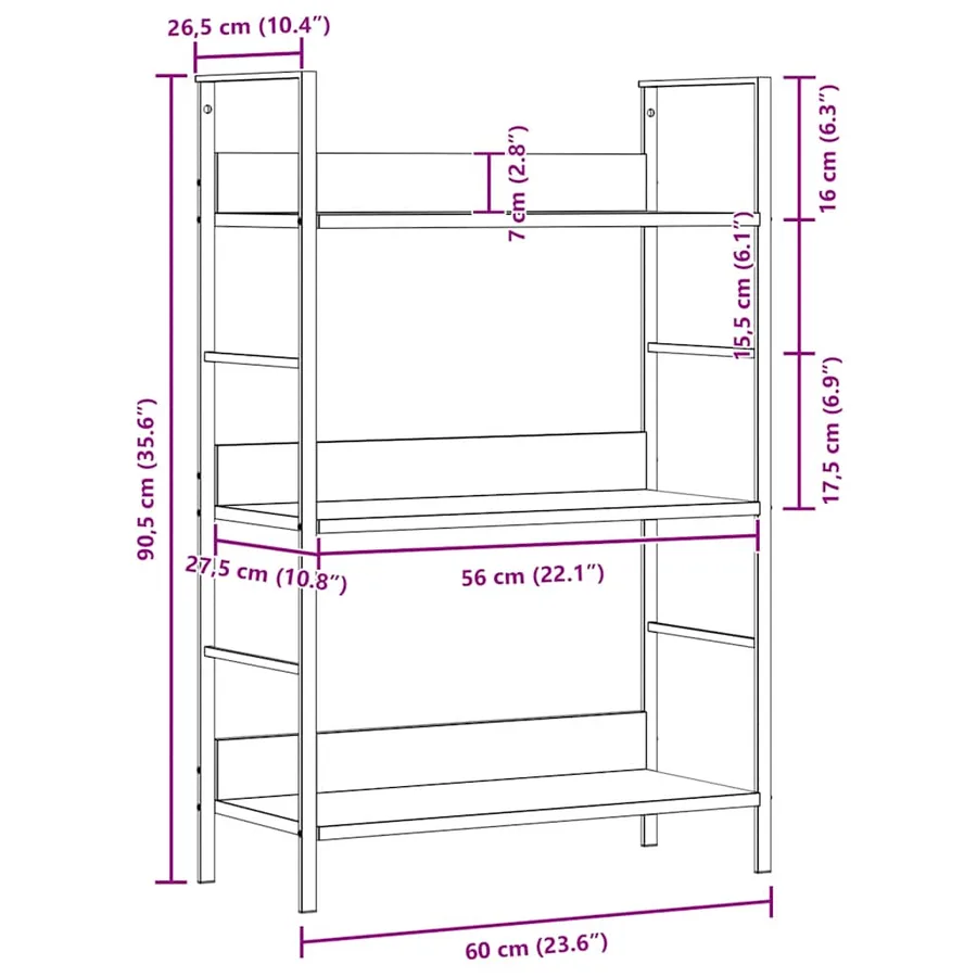 Bibliothèque à 3 niveaux chêne 60x27,6x90,5cm bois d'ingénierie - 10