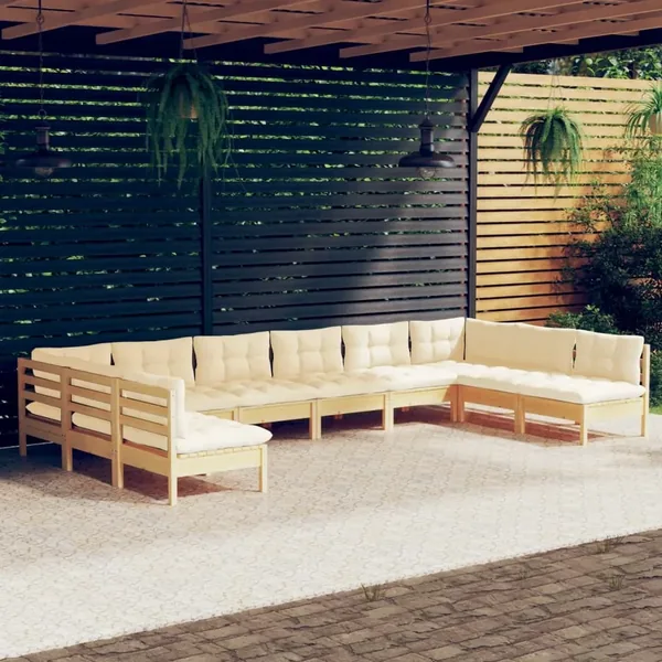 Salon de jardin 10 pcs avec coussins crème bois de pin massif