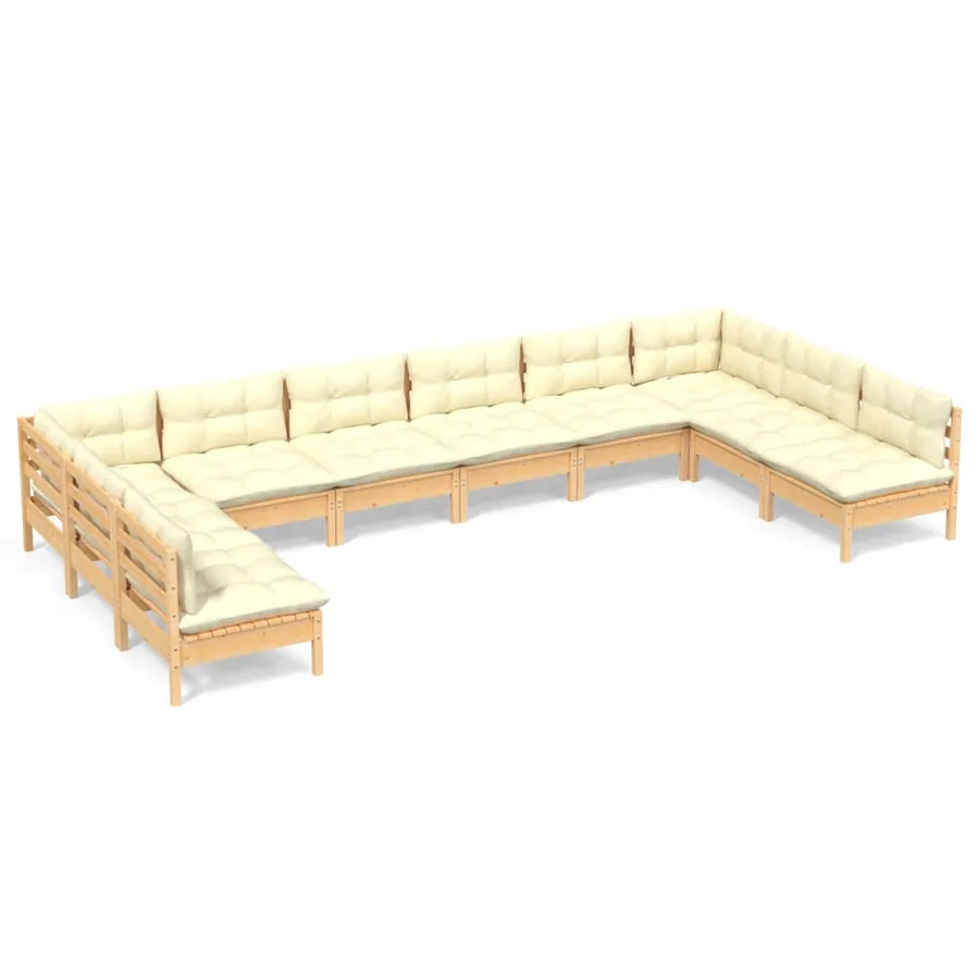 Salon de jardin 10 pcs avec coussins crème bois de pin massif - 2