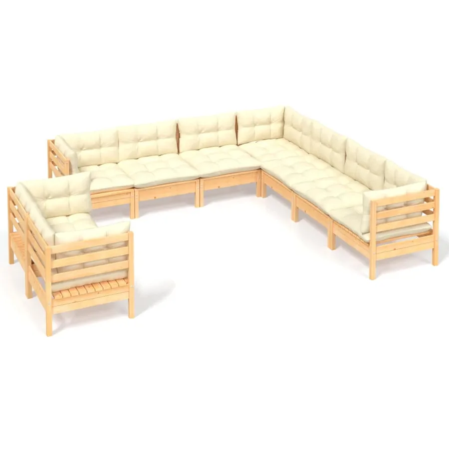 Salon de jardin 9 pcs avec coussins crème bois de pin massif - 2